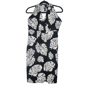 Express Halter Dress Women's Black White Tropical Monstera Leaf Size 9/10